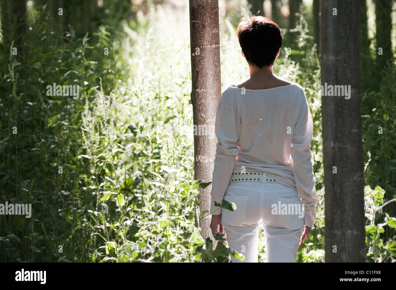Frau zu Fuß in einen grünen Wald Stockfoto
