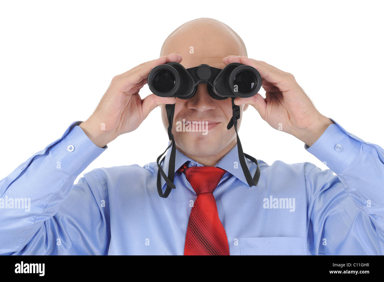 Geschäftsmann, schauen durch ein Fernglas Stockfoto