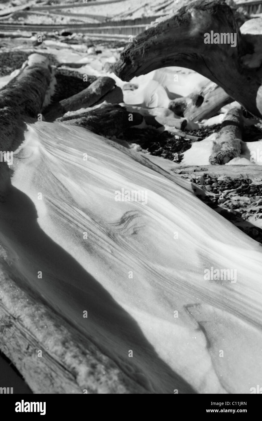 schneebedeckte Felsen und Treibholz am Strand Stockfoto