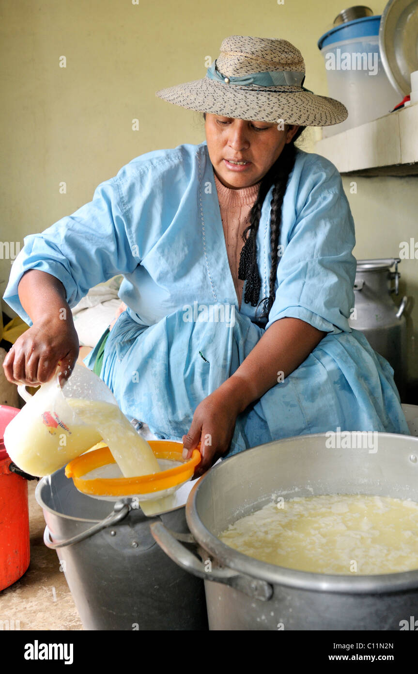 Frau bei der Herstellung von Frischkäse im Tal Penas blättert von der Molke, Departement Oruro, Bolivien, Südamerika Stockfoto