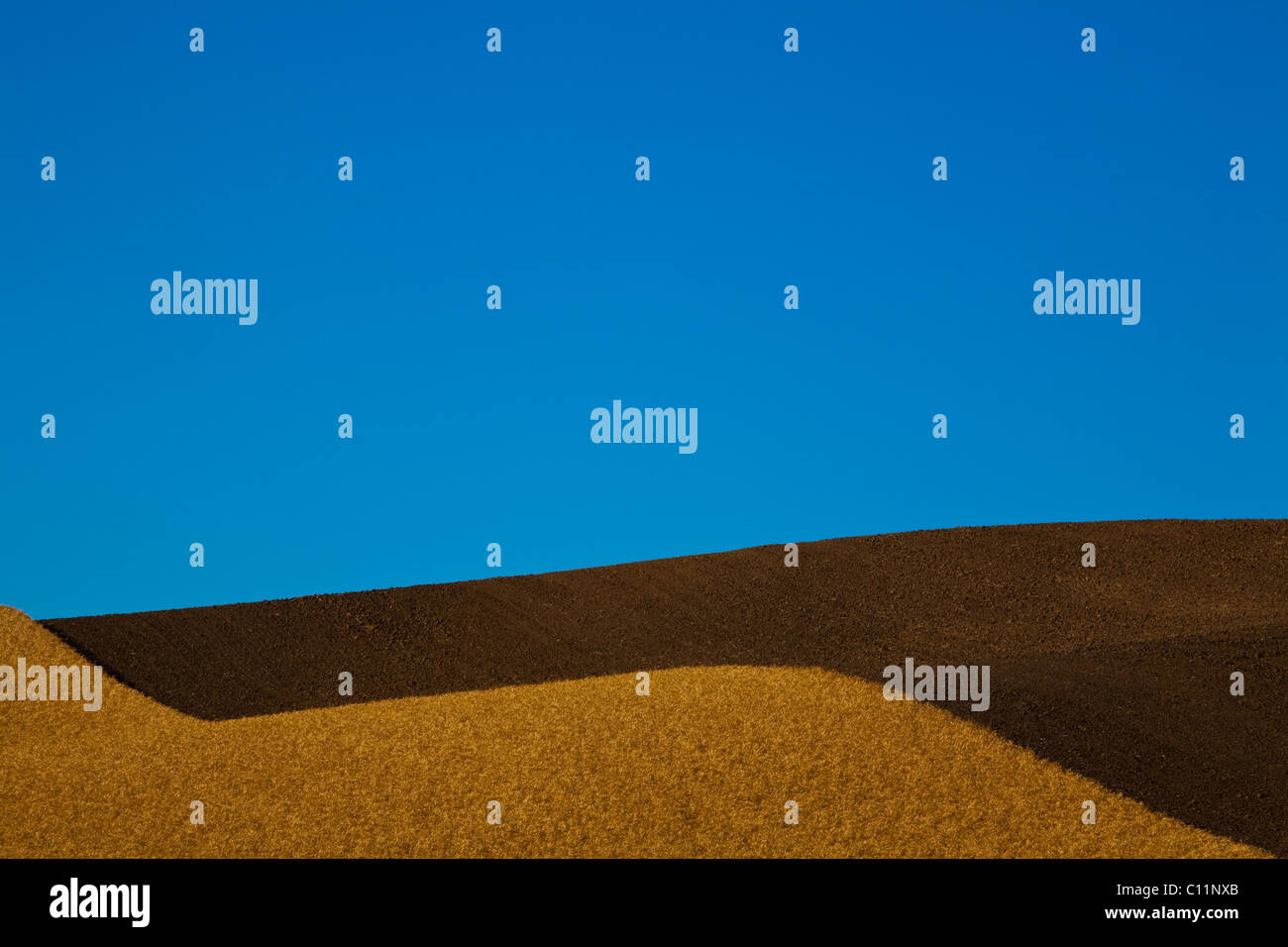 Abstrakte Kunst Bild von Stoppeln, gepflügten Boden und blauer Himmel Stockfoto