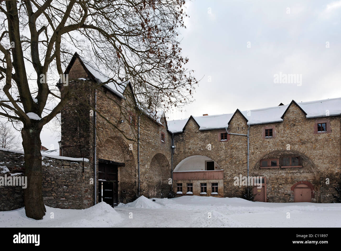 Mittelalterlichen Mauern, Innenhof des Schlosses Harzgerode, Harz, Sachsen-Anhalt, Deutschland, Europa Stockfoto