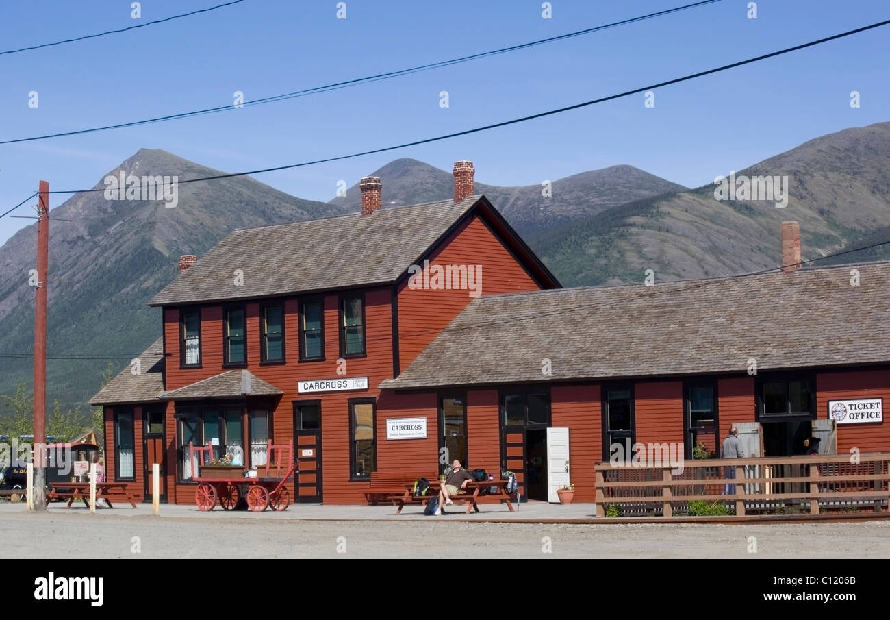 Historischen White Pass & Yukon Route Bahnhof Carcross, Klondike Gold Rush, Chilkoot Pass, Chilkoot Trail, Yukon-Territorium Stockfoto