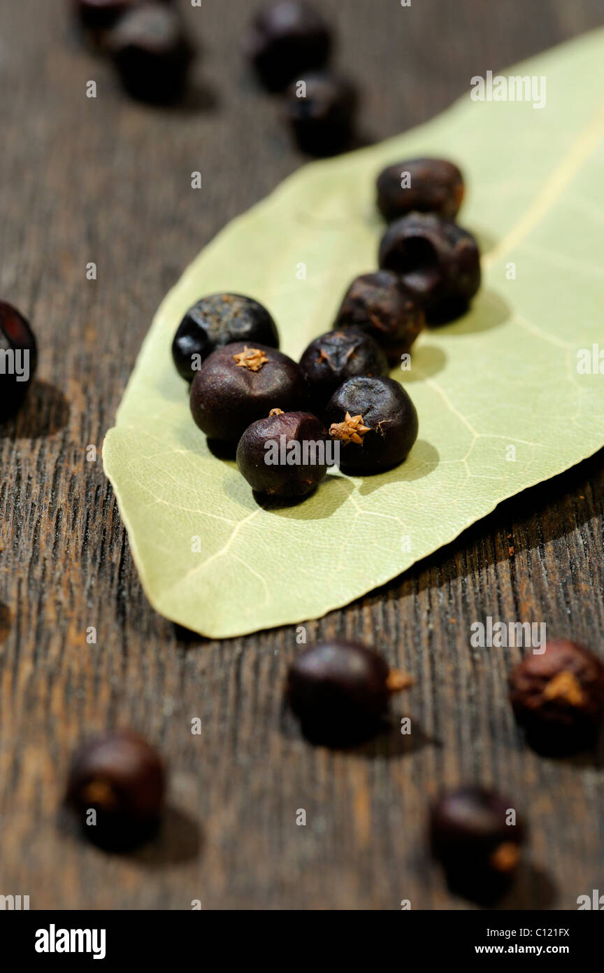 Getrocknete Wacholderbeeren und Lorbeerblatt Stockfoto