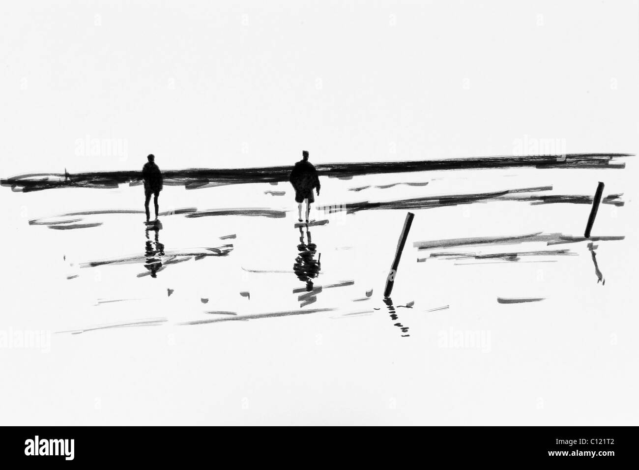 Zu Fuß in die Nordsee Nordsee, Schleswig-Holstein, Norddeutschland, Zeichnung, Künstler Gerhard Kraus, Kriftel Stockfoto
