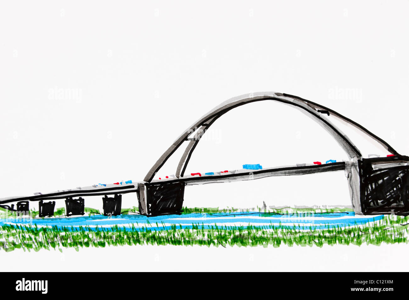 Fehmarnsund-Brücke, Ostsee, Schleswig-Holstein, Norddeutschland, Zeichnung des Künstlers Gerhard Kraus, Kriftel Stockfoto