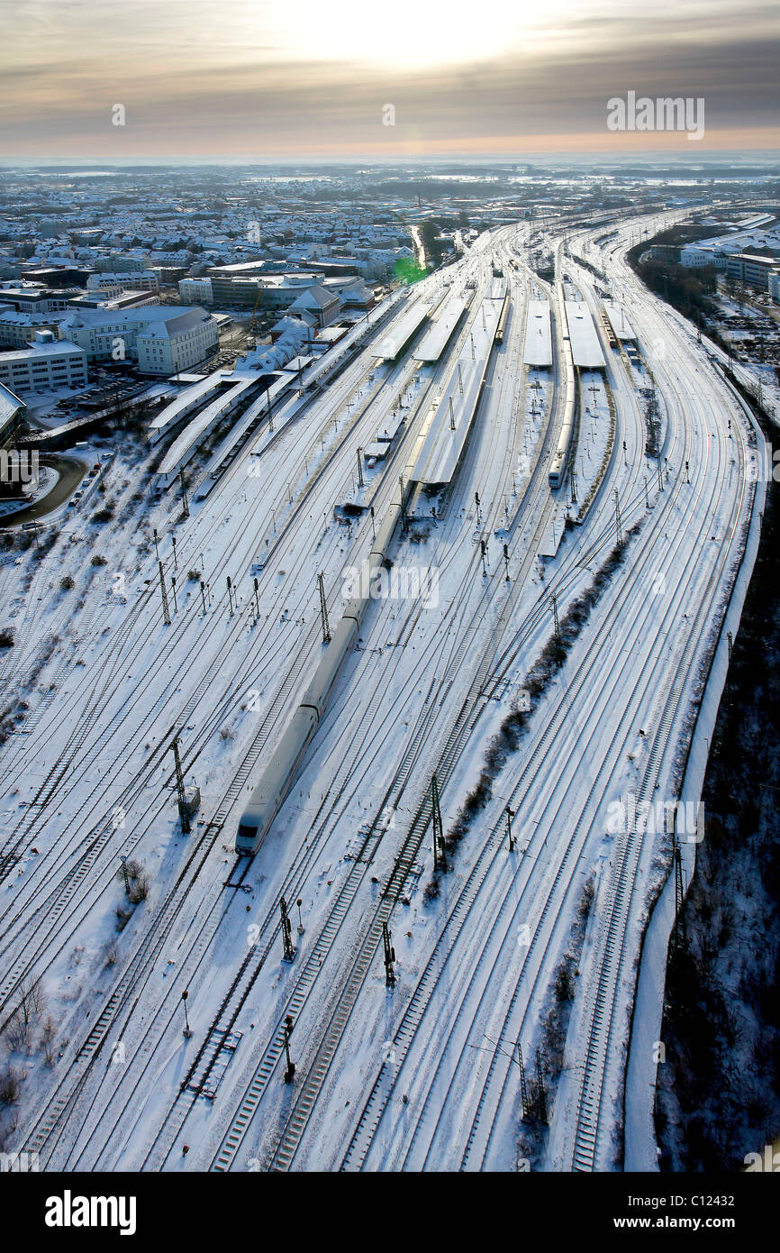 Luftbild, schneebedeckten Bahnen, Winter, Hamm Hauptbahnhof, Ruhr und Umgebung, North Rhine-Westphalia, Deutschland, Europa Stockfoto