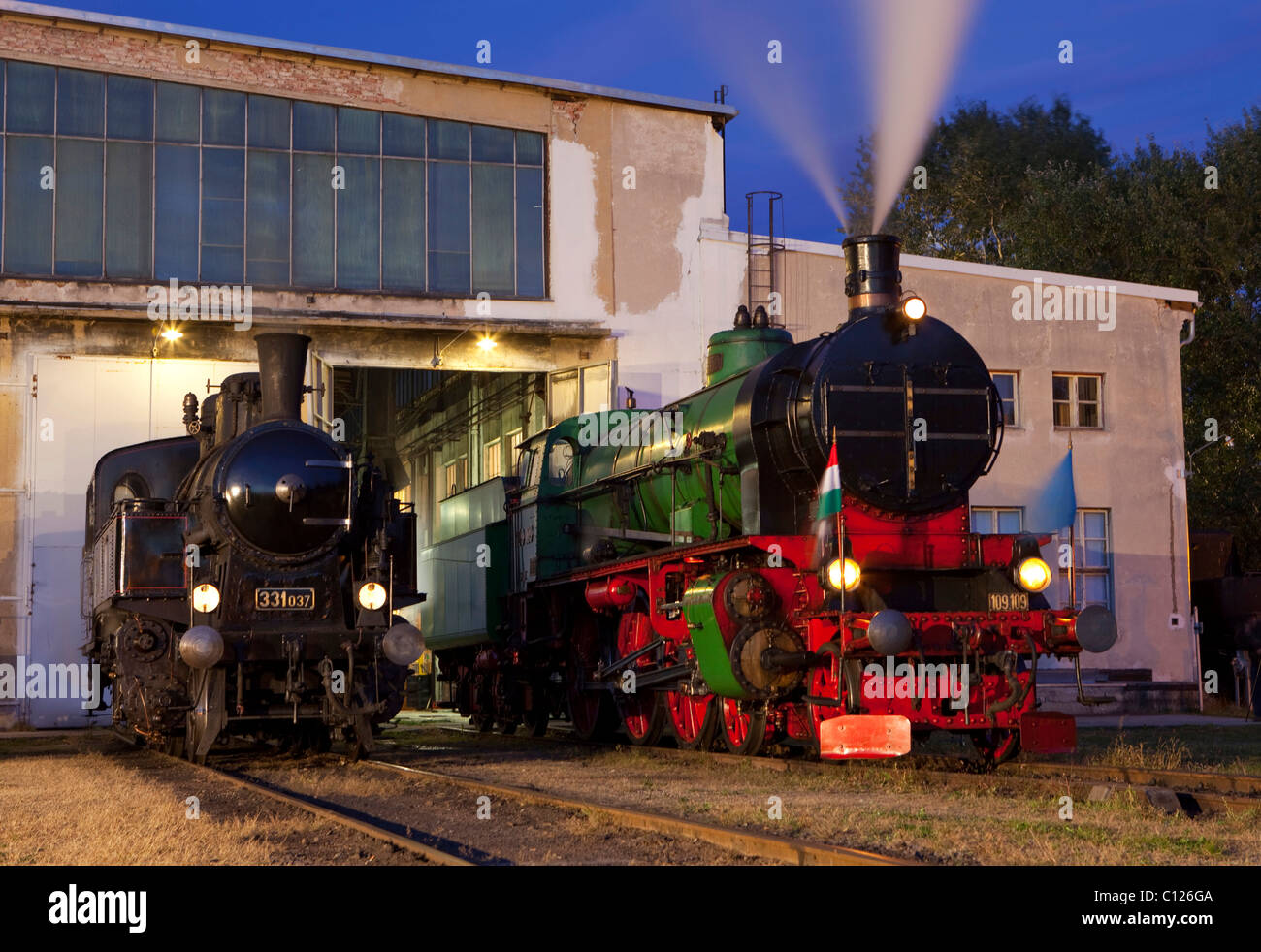 Dampf-Lokomotive 331.037, Slowakei, und eine Dampflok der Linie 109, Eisenbahn Museum Strasshof, Österreich, Ungarn, Europa Stockfoto