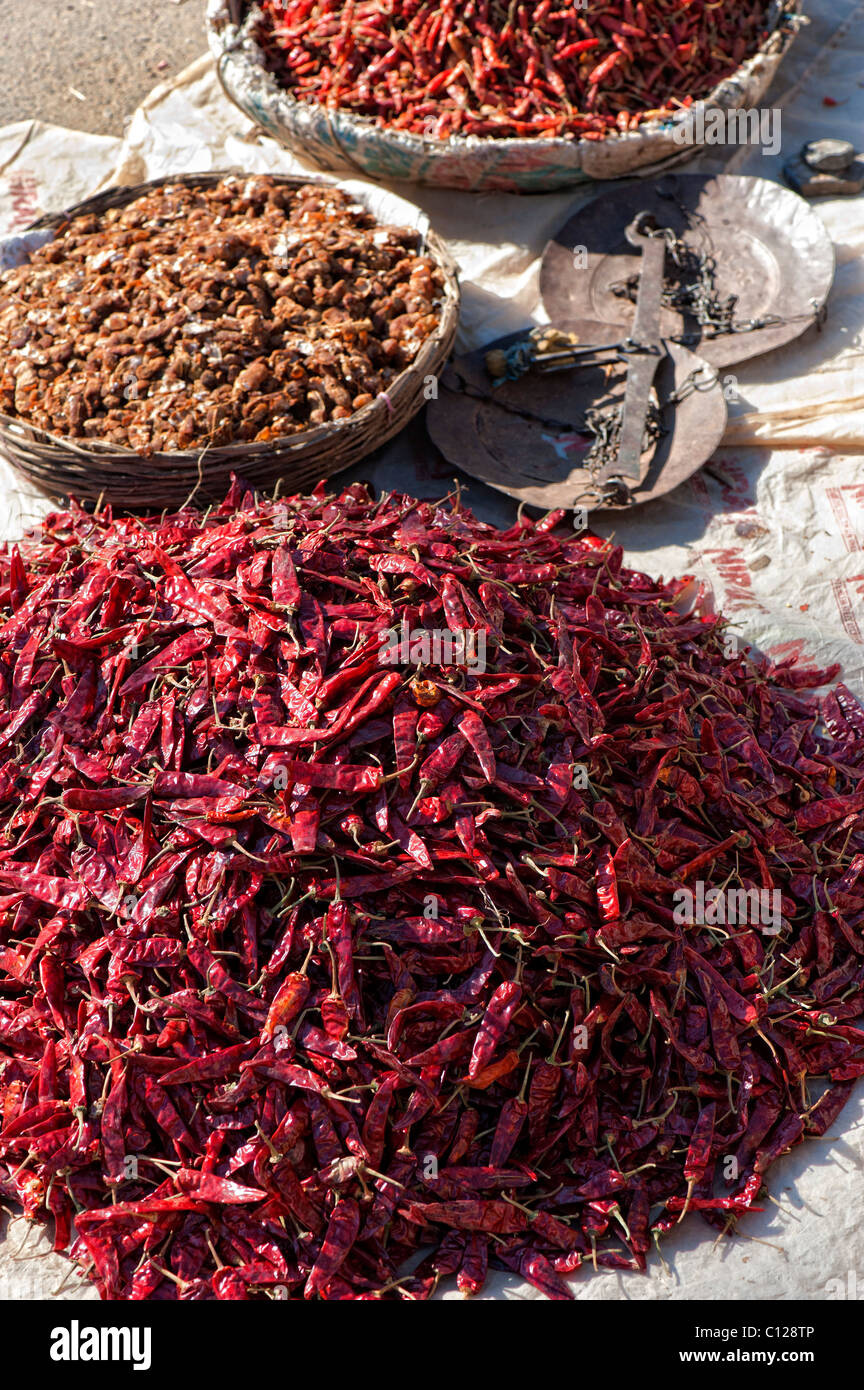 Getrocknete rote Chili und Samenkapseln Tamarinde (Tamarindus Indica) zum Verkauf an einen indischen Markt. Andhra Pradseh, Indien Stockfoto