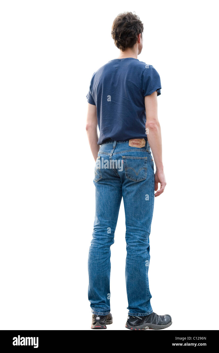 Junger Mann mit T-shirt und Jeans von hinten Stockfoto