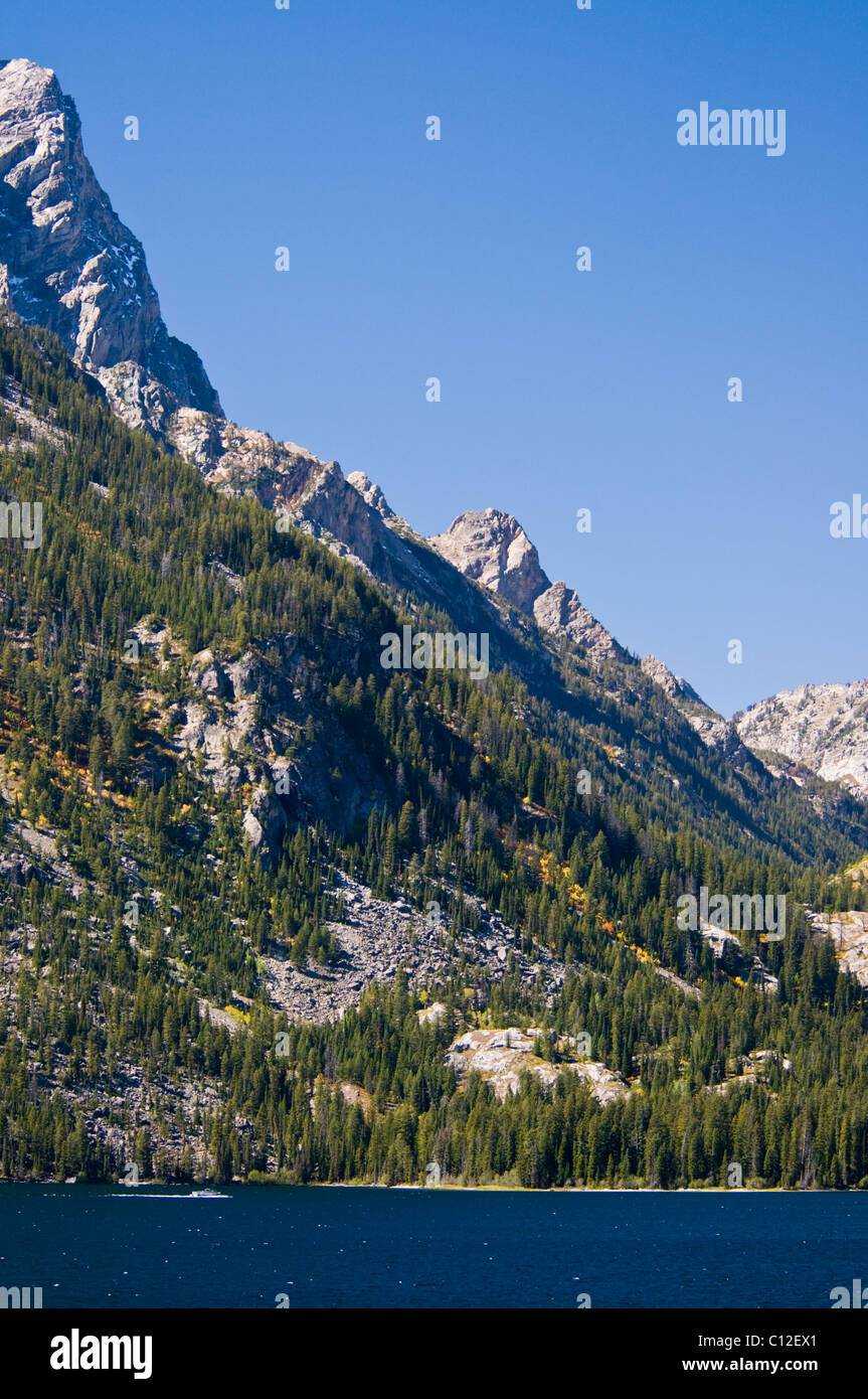 Teton Range Mountains, Ansichten von Jenny Lake, Mt. St. John, hängenden Canyon, Rockchuck Peak, Grand-Teton-Nationalpark, Wyoming, USA Stockfoto