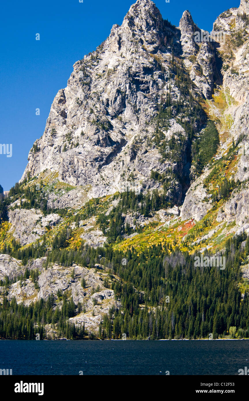 Teton Range Mountains, Ansichten von Jenny Lake, Mt. St. John, hängenden Canyon, Rockchuck Peak, Grand-Teton-Nationalpark, Wyoming, USA Stockfoto