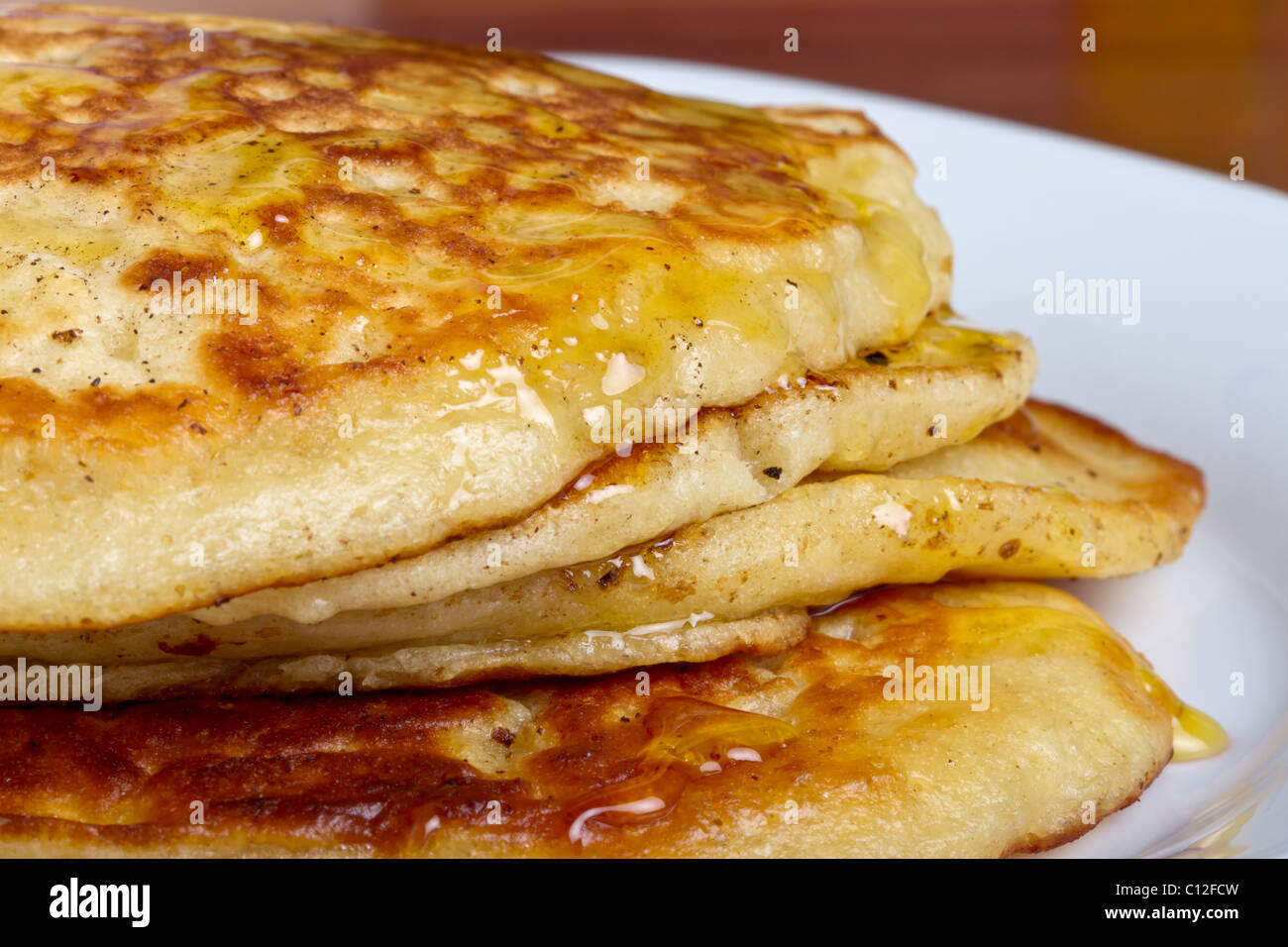 Süßes Frühstück Pfannkuchen auch bekannt als Drop Scones, Bratpfanne Scones und scotch Pfannkuchen. Stockfoto