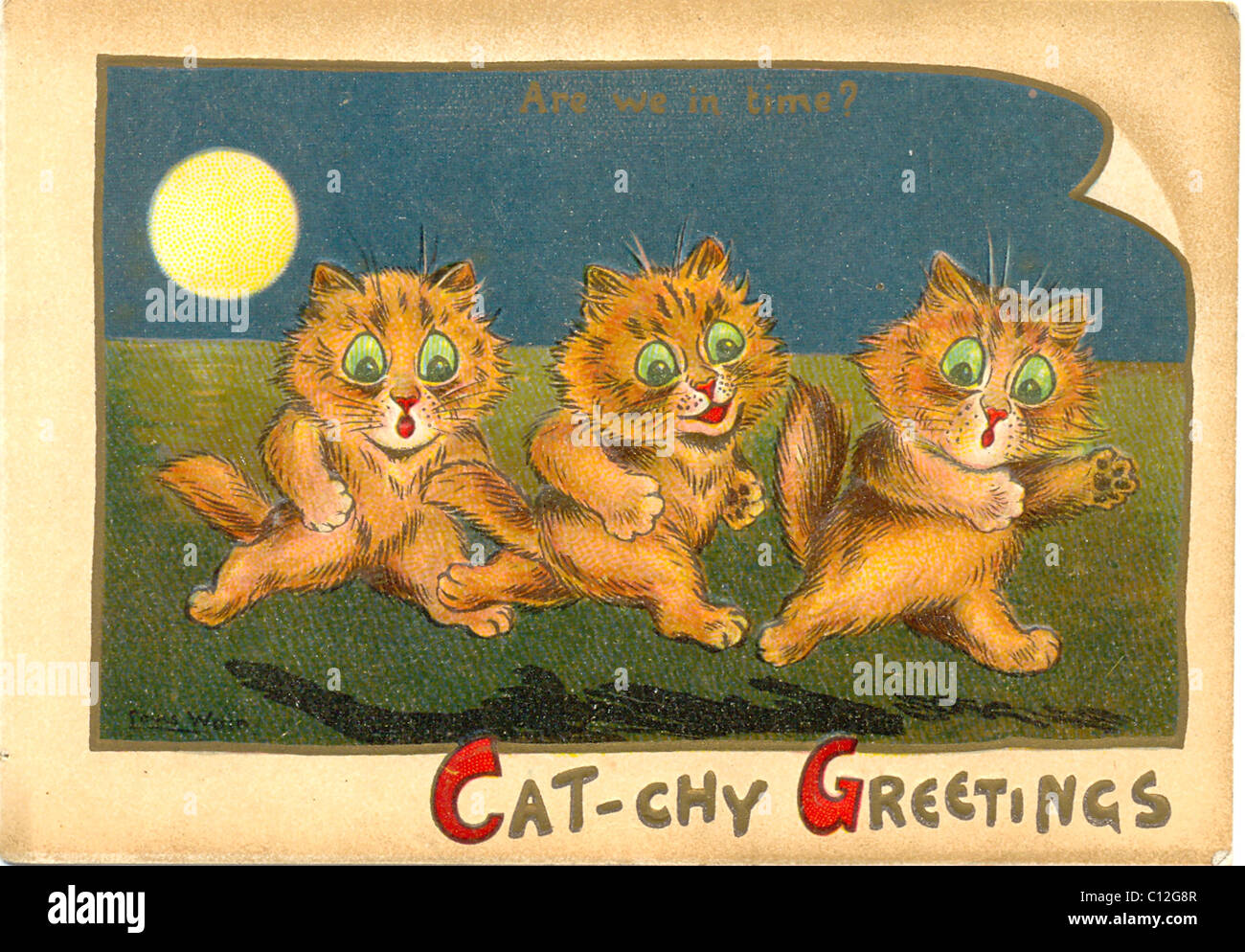 Grußkarte des Künstlers Louis Wain mit dem Titel Cat-chy Greetings circa 1895 Stockfoto