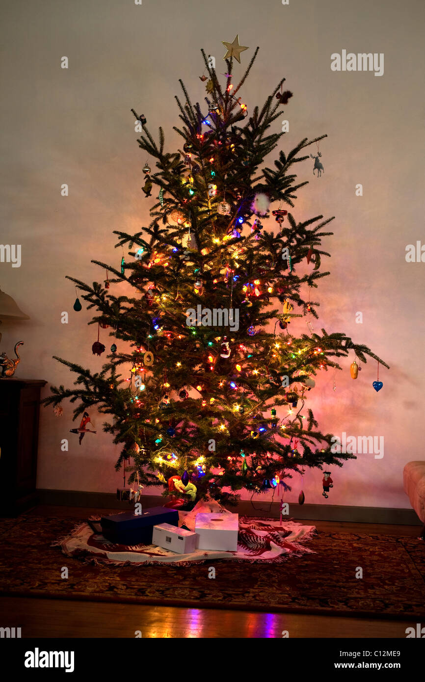 Ein geschmückter Weihnachtsbaum mit Lichtern auf. Stockfoto