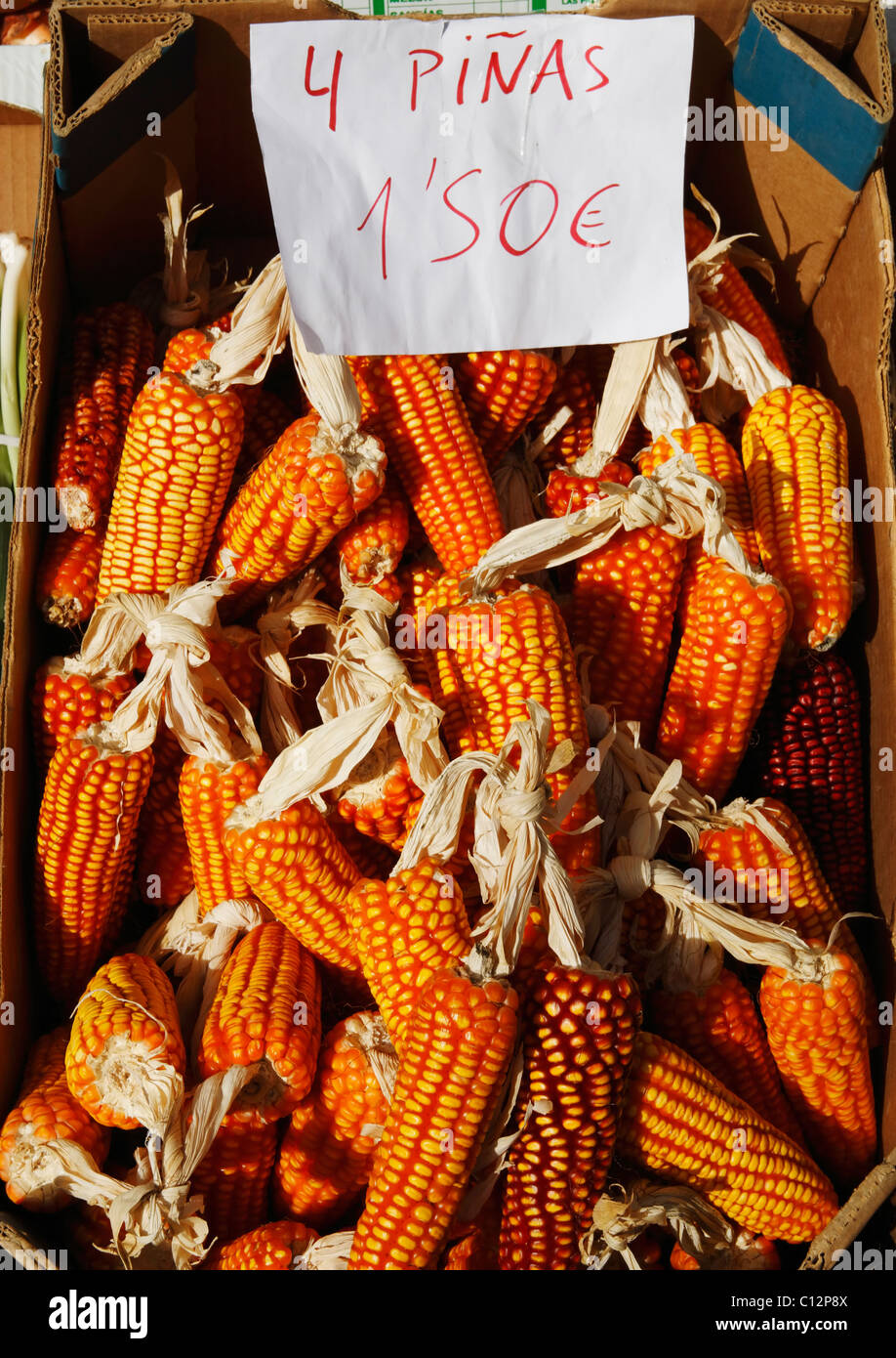 Box mit Maiskolben am Marktstand in Spanien. Stockfoto