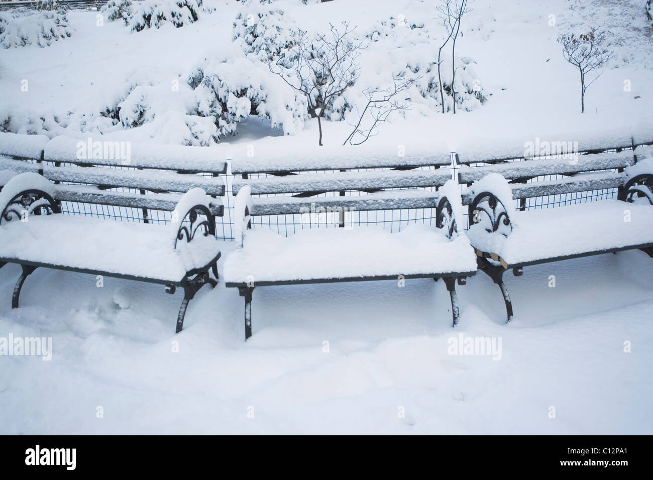 USA, New York City, Manhattan, Bänke im Central Park bedeckt mit Schnee Stockfoto