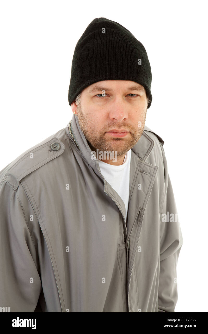 männliche Obdachlose Landstreicher auf weißem Hintergrund Stockfoto