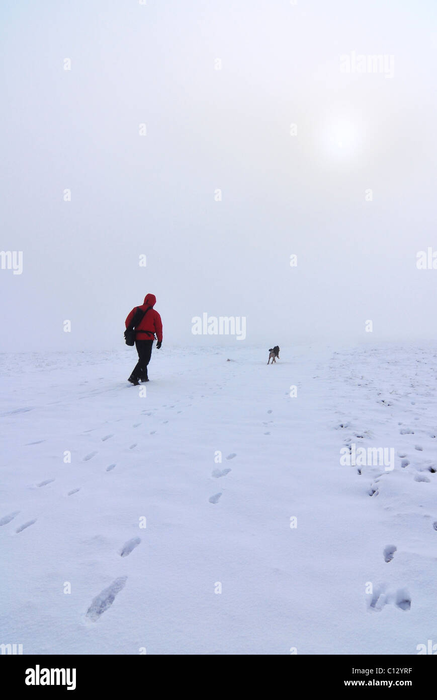 Mensch und Hund zu Fuß auf Tschatyr dag Hochplateau im winter Stockfoto