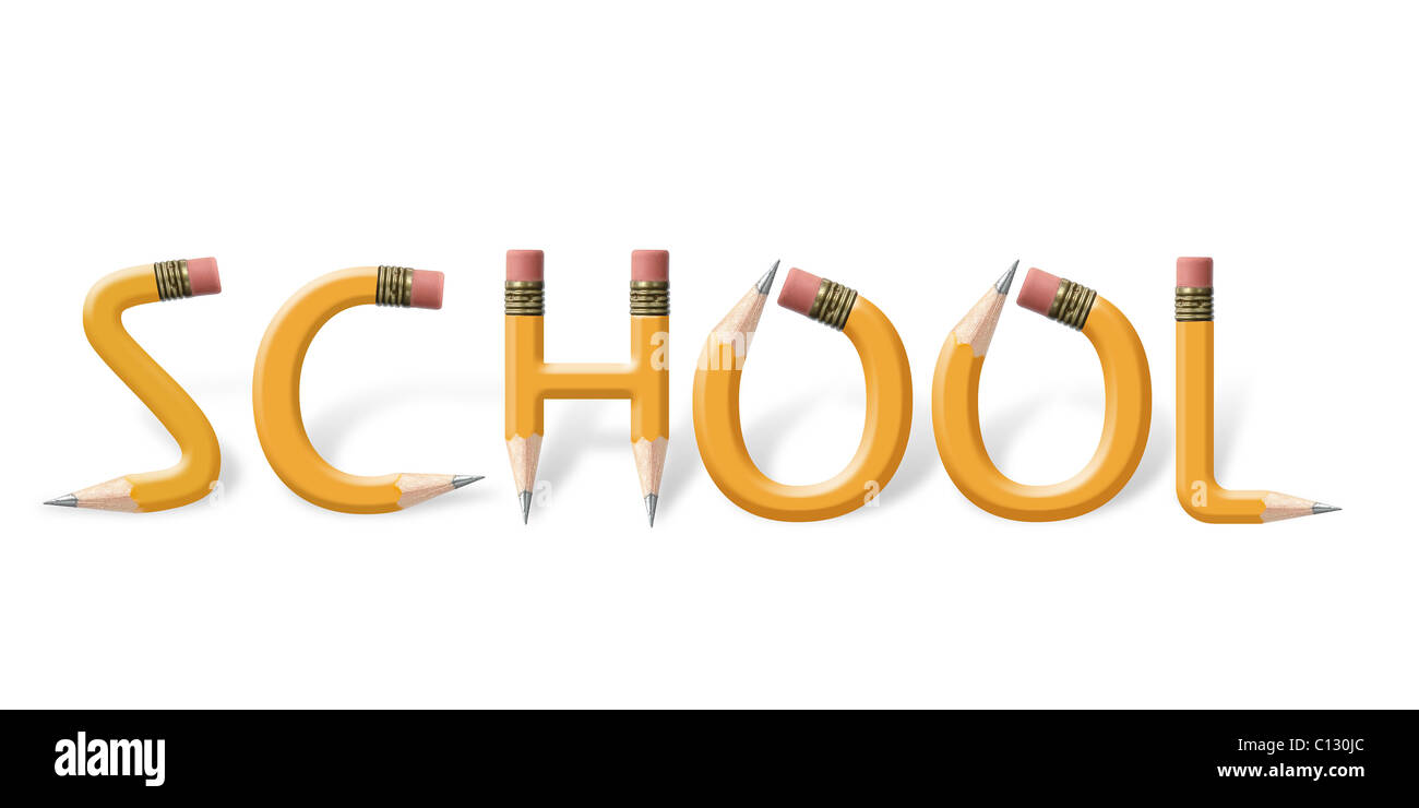 Gebogene gelbe Holzbleistifte Rechtschreibung Schule Wort auf weißem Hintergrund Stockfoto