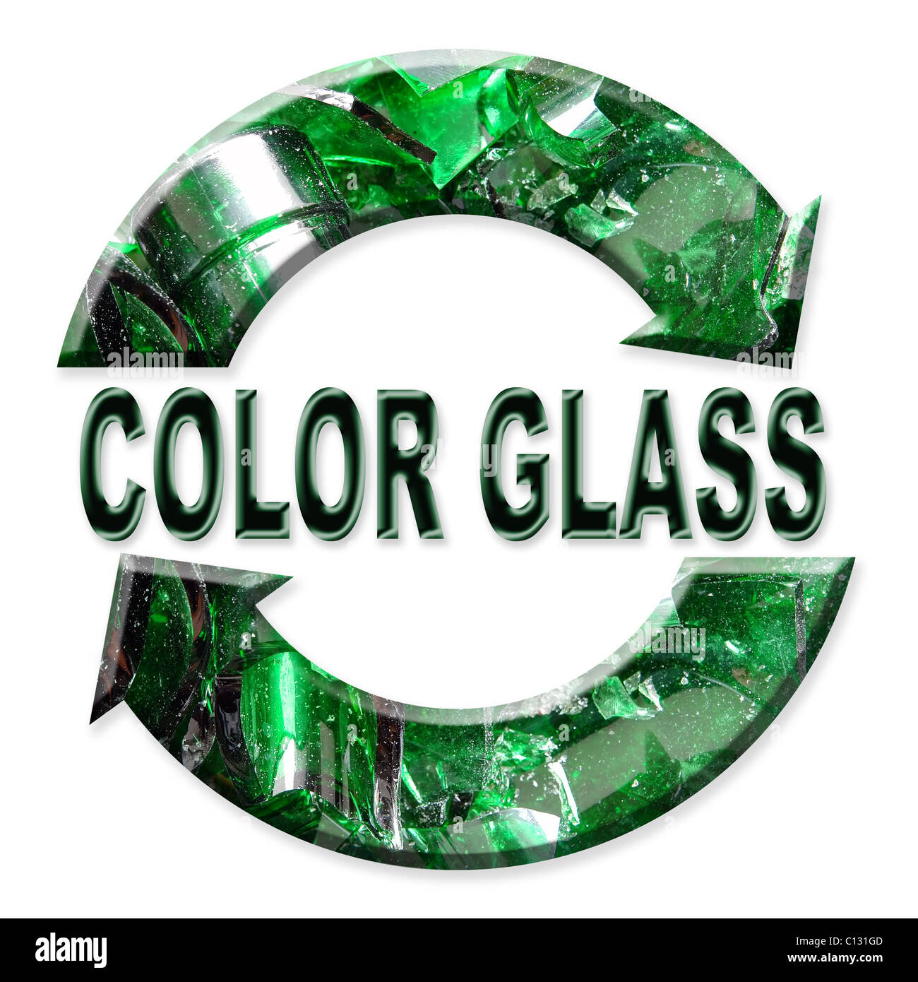 Zwei Pfeilfarbe Glas recycling-Symbol auf weißem Hintergrund Stockfoto