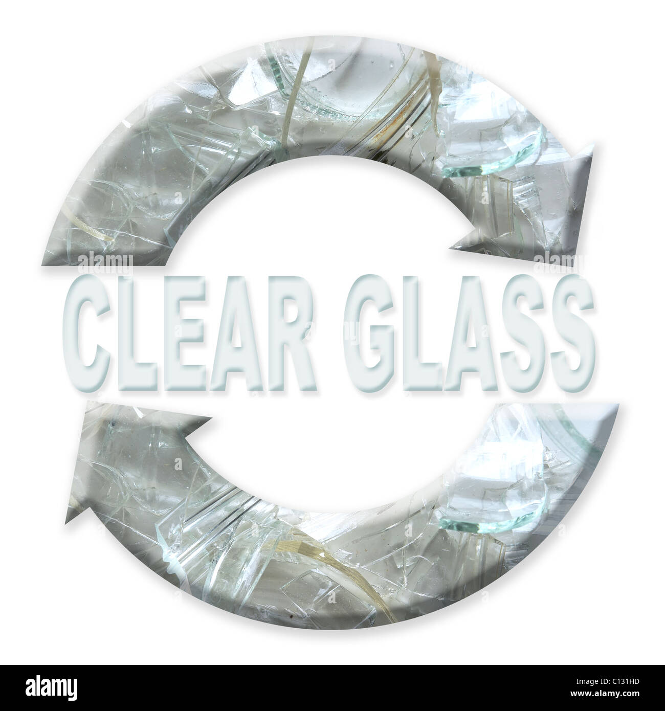 Zwei Pfeil Klarglas Recyclingsymbol auf weißem Hintergrund Stockfoto
