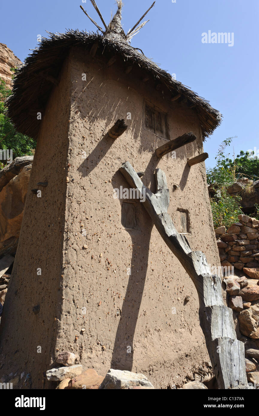 Getreidespeicher und rund gemacht Holzleiter in Nombori Dorf. Zahlt Dogon, Mali. Stockfoto