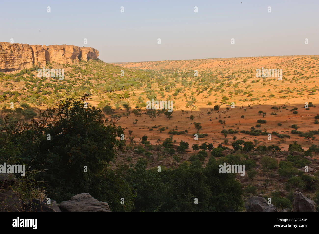 Übersicht der Gondo-Ebene, von der Falaise in der Nähe von Nombori Dorf gesehen. Zahlt Dogon, Mali. Stockfoto