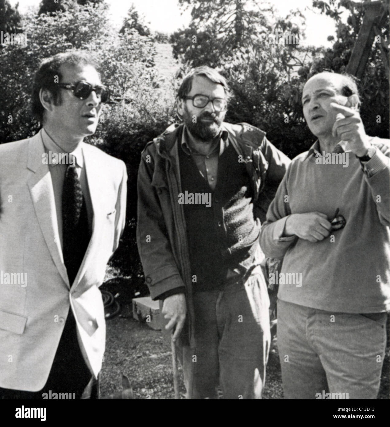 Drehbuchautor Harold Pinter, Novelist John Fowles und Regisseur Karel Reisz am Set von THE Französisch LIEUTENANT WOMAN, 1981 Stockfoto