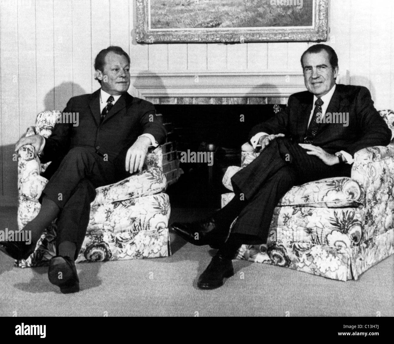 Nixon Präsidentschaft. Bundeskanzler Willy Brandt und US-Präsident Richard Nixon treffen für Gipfel-Gespräche in Key Biscayne, Florida, 1971. Stockfoto