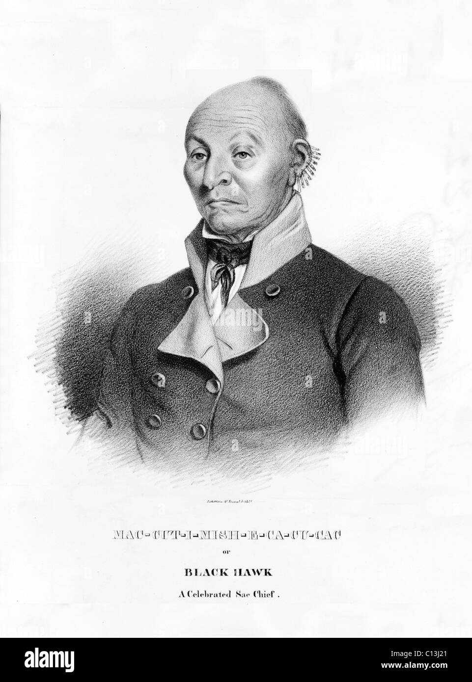 Black Hawk, ca. 1833. Mac-Cut-i-Mish-e-ca-Cu-CAC oder Black Hawk, einem gefeierten Sac Chef / bemalte aus dem Leben von j.o. Lewis in Detroit, 1833; Lehman & Duval Lithrs. Kopie von einem original Gemälde ca. 1836 Lithographierte LC-USZ62-108367 Stockfoto