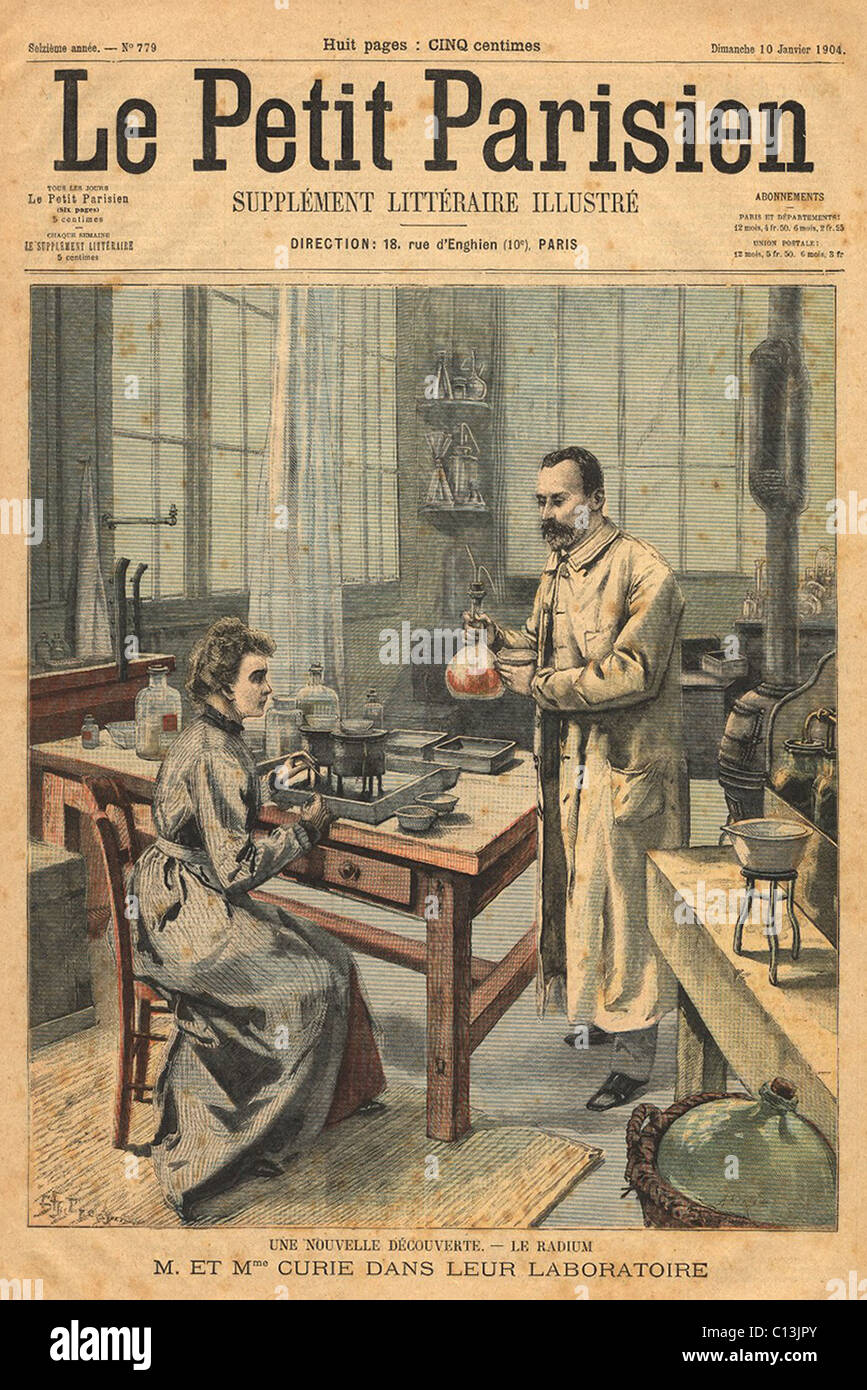 Physiker Pierre und Marie in ihrem Labor Paris, 1904, kurz nachdem sie die 1903 Nobelpreis für ihre Studie der Radioaktivität verliehen wurde. Von LE PETIT PARISIEN, Januar 1904. Stockfoto
