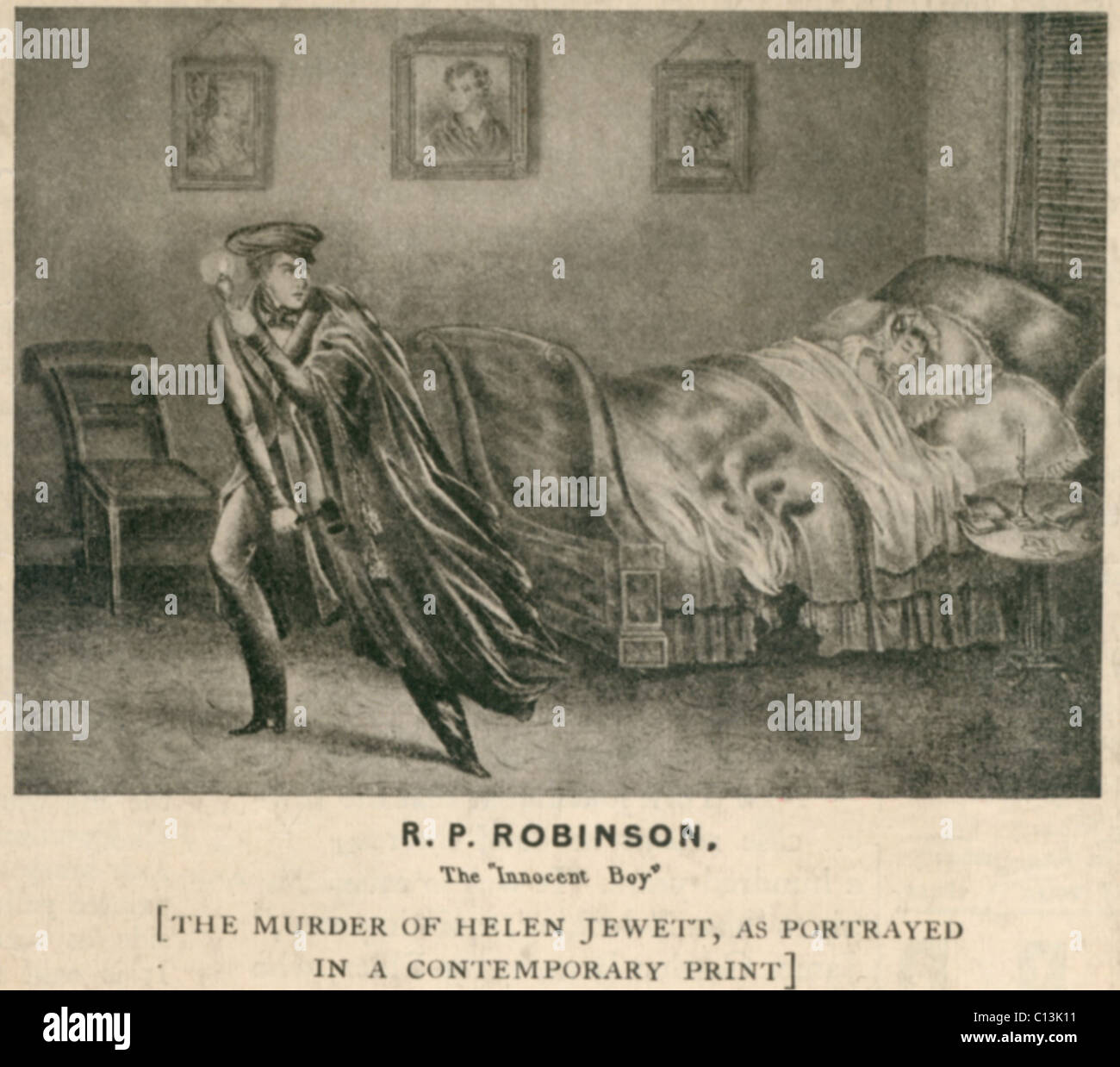 Der Mord an Helen Jewett 1836 angeblich von Richard P. Robinson, verlassen die Bordell-Szene mit einem Beil in der hand, bevor er es in Brand gesetzt. Veranschaulichung der Tatort aus einer Broschüre. Stockfoto