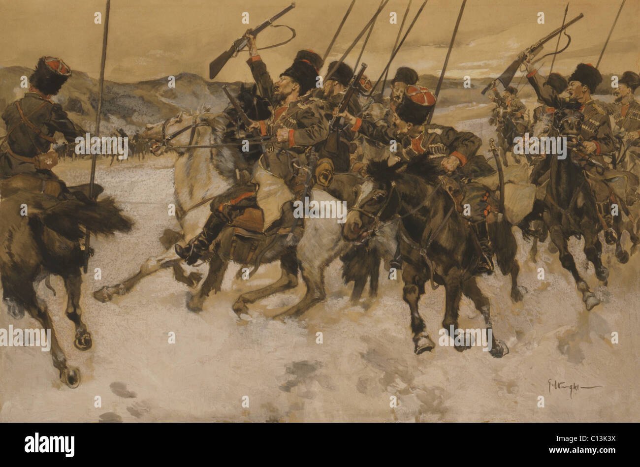 Kosaken Angriff auf ein Gepäckstück trainieren im zaristischen Russland. Kosaken teilgenommen Bauernaufstände in der Ukraine und Russland, bis sie in die russischen Armeen im 19. Jahrhundert gegründet wurden. Aquarell von George Hand Wright (1878-1951). Stockfoto