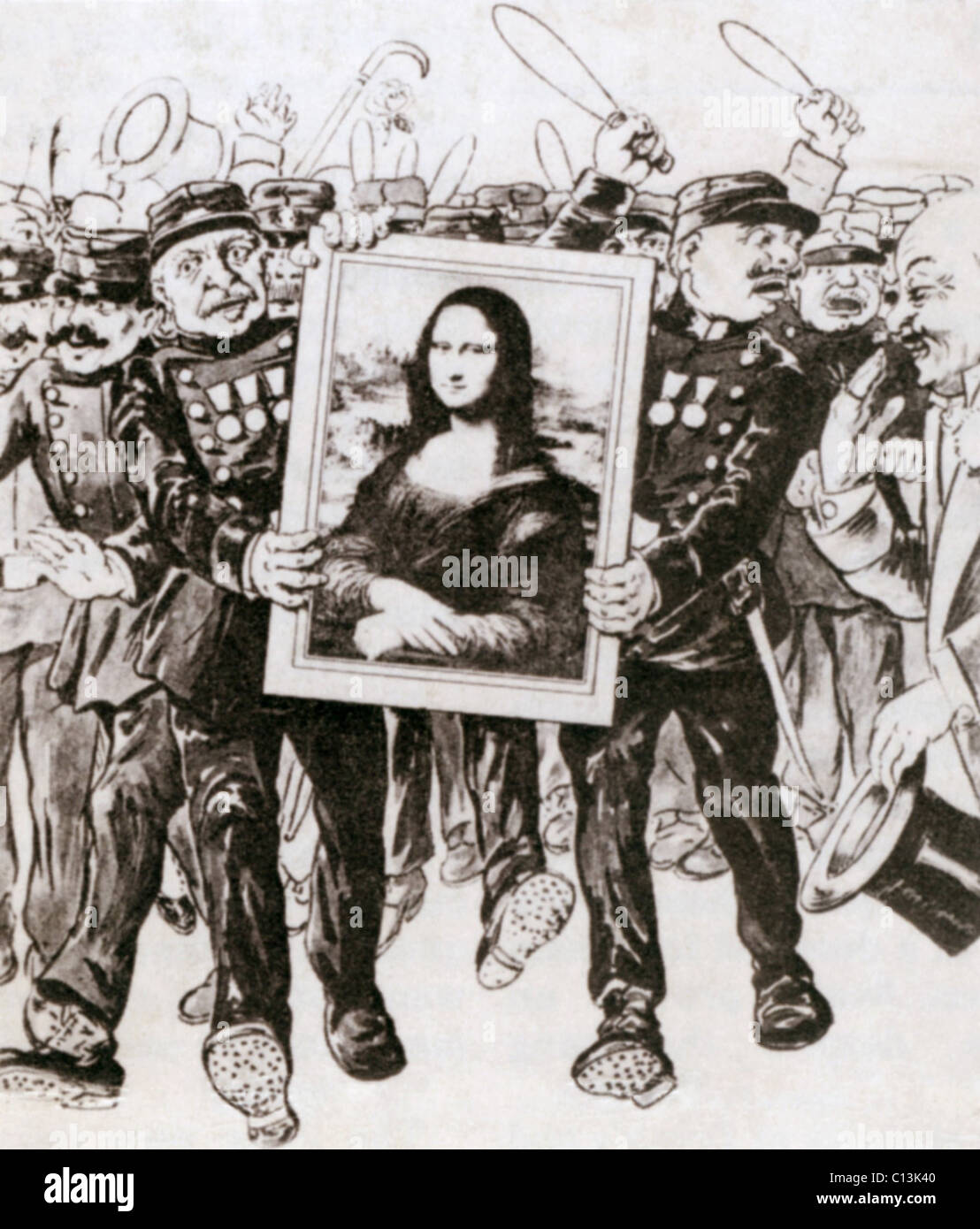 Karikatur von Polizei bewacht die Mona Lisa, wie das Gemälde nach Frankreich zurück. Mehr als zwei Jahre nach seiner Diebstahl durch Vincenzo Peruggia, Leonardo Gemälde wurde wiederhergestellt und kehrte nach dem Louvre in Paris. 1913. Stockfoto