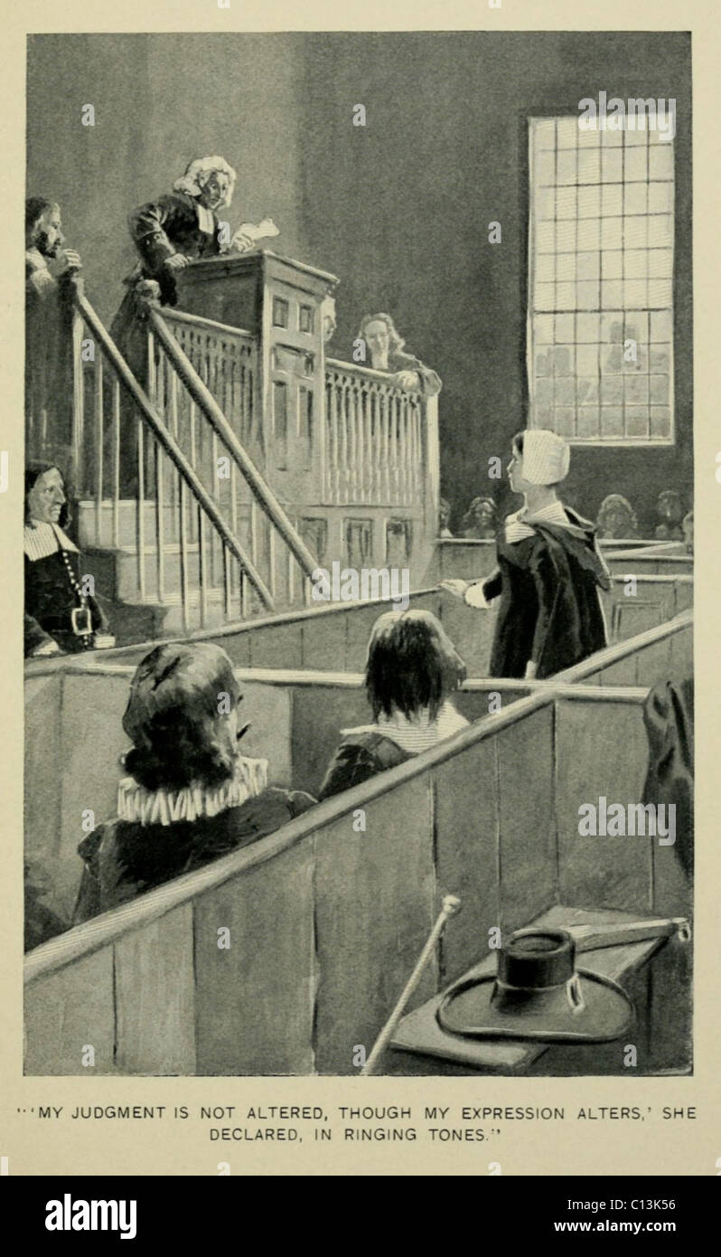 Anne Hutchinson, Ketzerei angeklagt und vor ein Tribunal für die Predigt der Lehre von der "Pre-Ziel" im Widerspruch zu puritanische Theologie befragt. Zu ihrem Prozess sie wehrte sich auch in theologischen Debatte, aber wurde noch im Jahre 1637 nach Rhode Island verbannt. Stockfoto