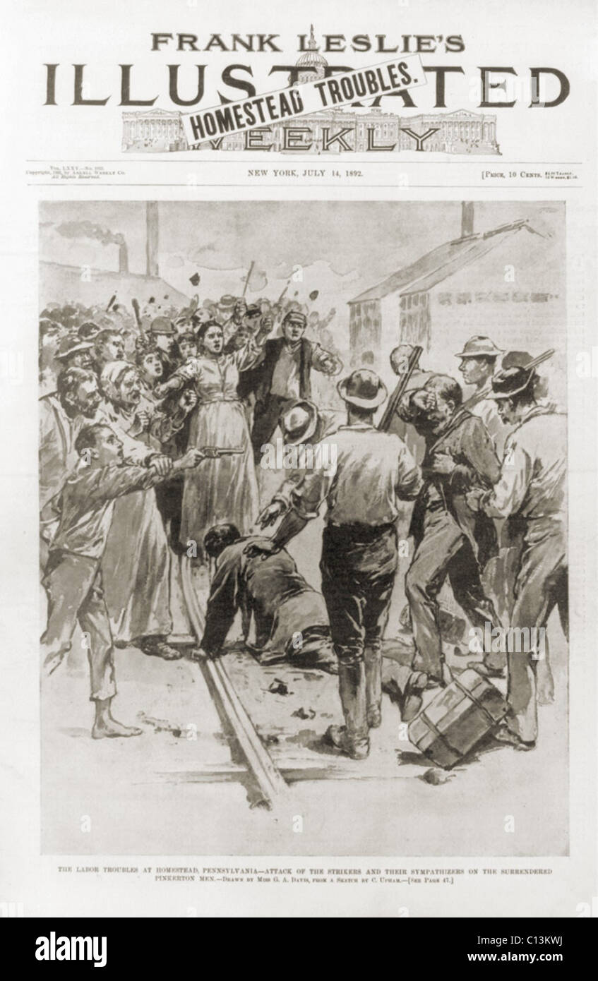 Große Schlacht von Homestead. Stürmer und deren Sympathisanten angreifen Pinkerton Männer, die sichere Passage aus Homestead erteilt worden, aber stattdessen wurden schikaniert und einige ernsthaft geschlagen wurden. 6. Juli 1892. Stockfoto