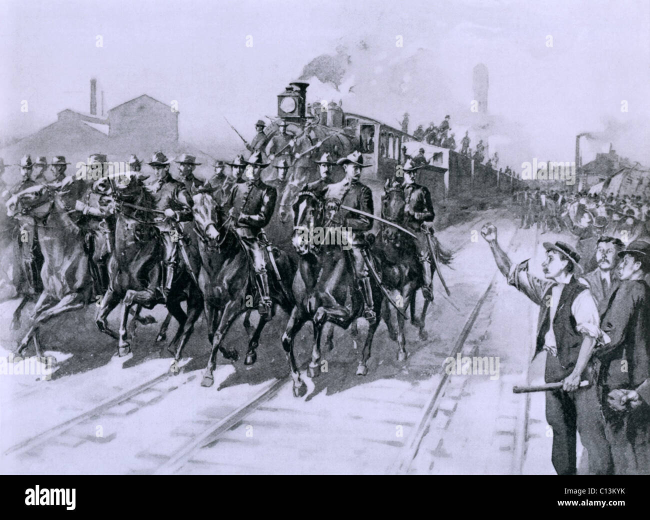 Während die Pullman-Streik von 1894 wurde das erste Fleisch Zug Chicago Stock Yards von Vereinigte Staaten Kavallerie, Juli eskortiert. Stockfoto