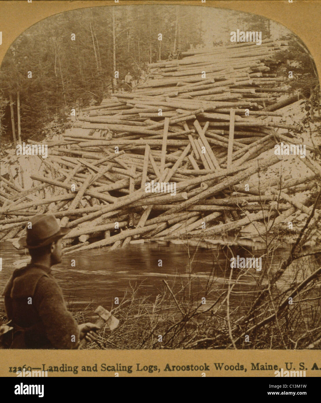 Gefällte Protokolle bereit, die Aroostook River zu betreten. Ein Holzfäller im Vordergrund hält Axt. Aroostook Woods, Maine, 1903. Stockfoto