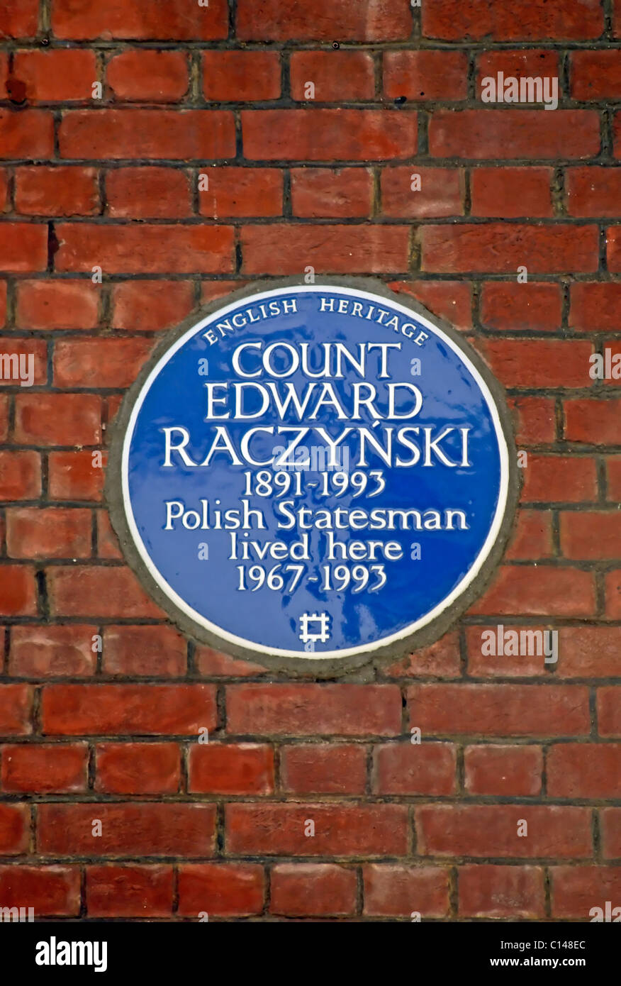 Englisches Erbe blaue Plakette Kennzeichnung eine Heimat der polnische Staatsmann Graf Edward Raczyński, in South Kensington, London, england Stockfoto