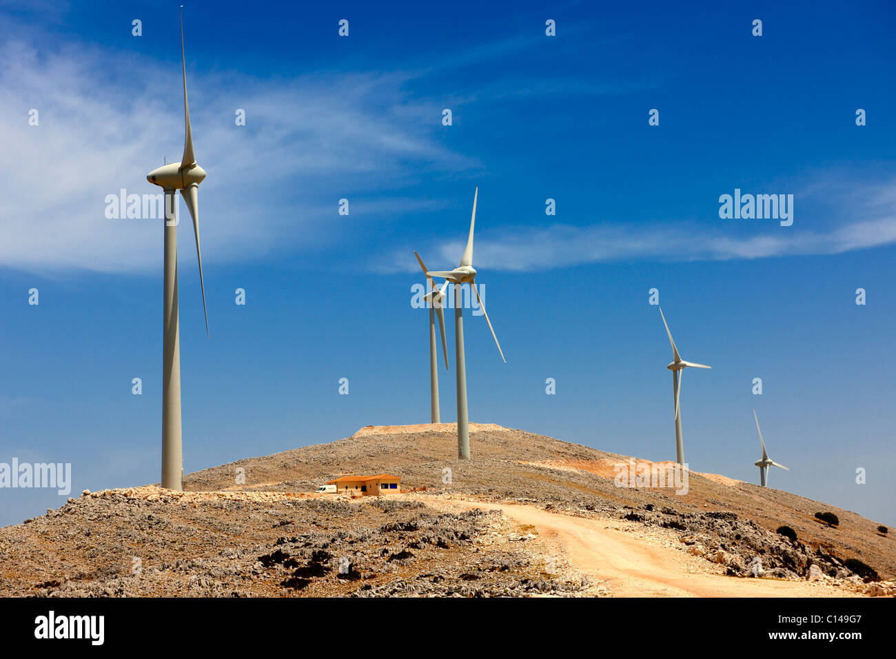Windpark auf Kefalonia, Ionische Inseln, Griechenland. Stockfoto