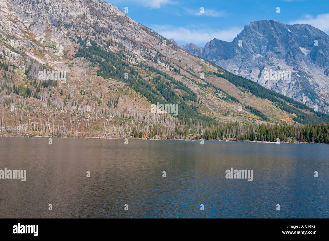 Teton Range Mountains, Ansichten von Jenny Lake, Mt. St. John, hängenden Canyon, Rockchuck Peak, Grand-Teton-Nationalpark, Wyoming, USA Stockfoto