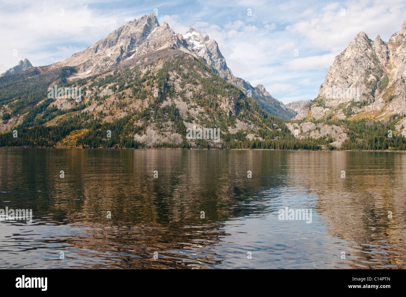 Teton Range Mountains, Ansichten von Jenny Lake, Mt. St. John, hängenden Canyon, Rockchuck Peak, Grand-Teton-Nationalpark, Wyoming, USA Stockfoto