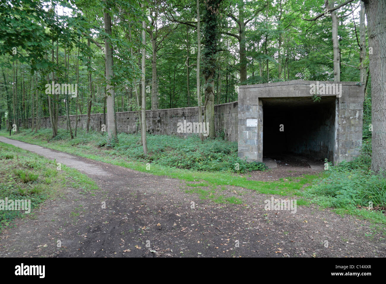 Der Ausgang eines der drei "Ski" geformt Speichergebäude auf der V1-Startplatz, Le Bois des Huit Rues bei Hazebrouck, Frankreich. Stockfoto