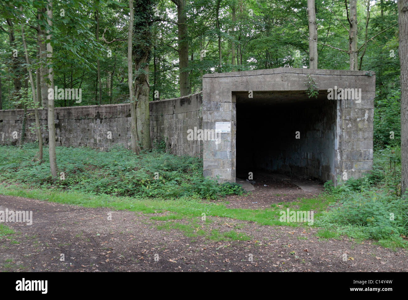 Der Ausgang eines der drei "Ski" geformt Speichergebäude auf der V1-Startplatz, Le Bois des Huit Rues bei Hazebrouck, Frankreich. Stockfoto