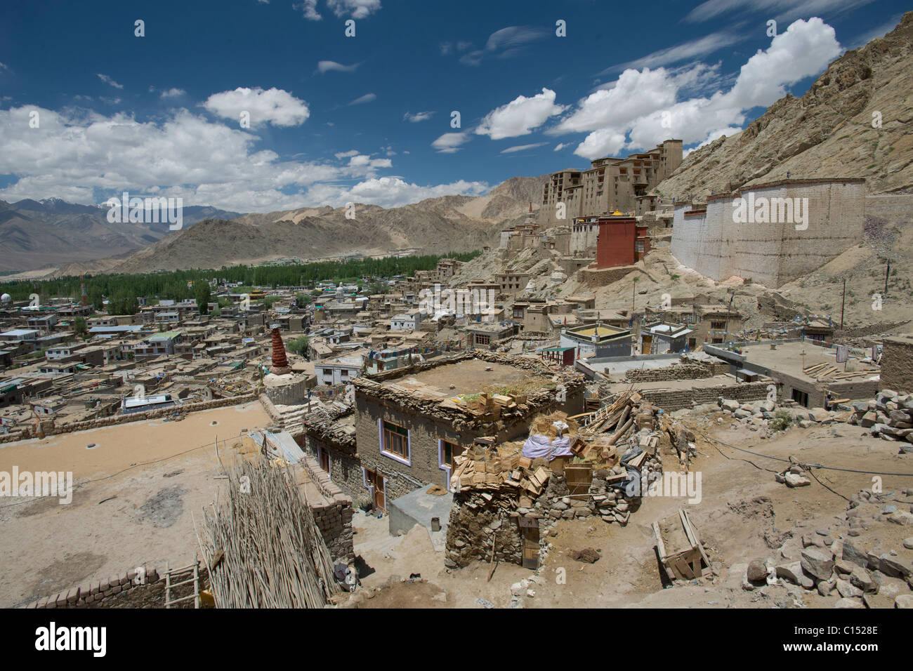 Blick auf die Altstadt, mit Leh Palace hinter Leh (Ladakh) Jammu & Kaschmir, Indien Stockfoto