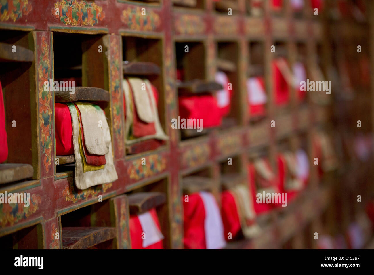 Tibetische Gebetbücher, Leh Palace, Leh (Ladakh) Jammu & Kaschmir, Indien Stockfoto