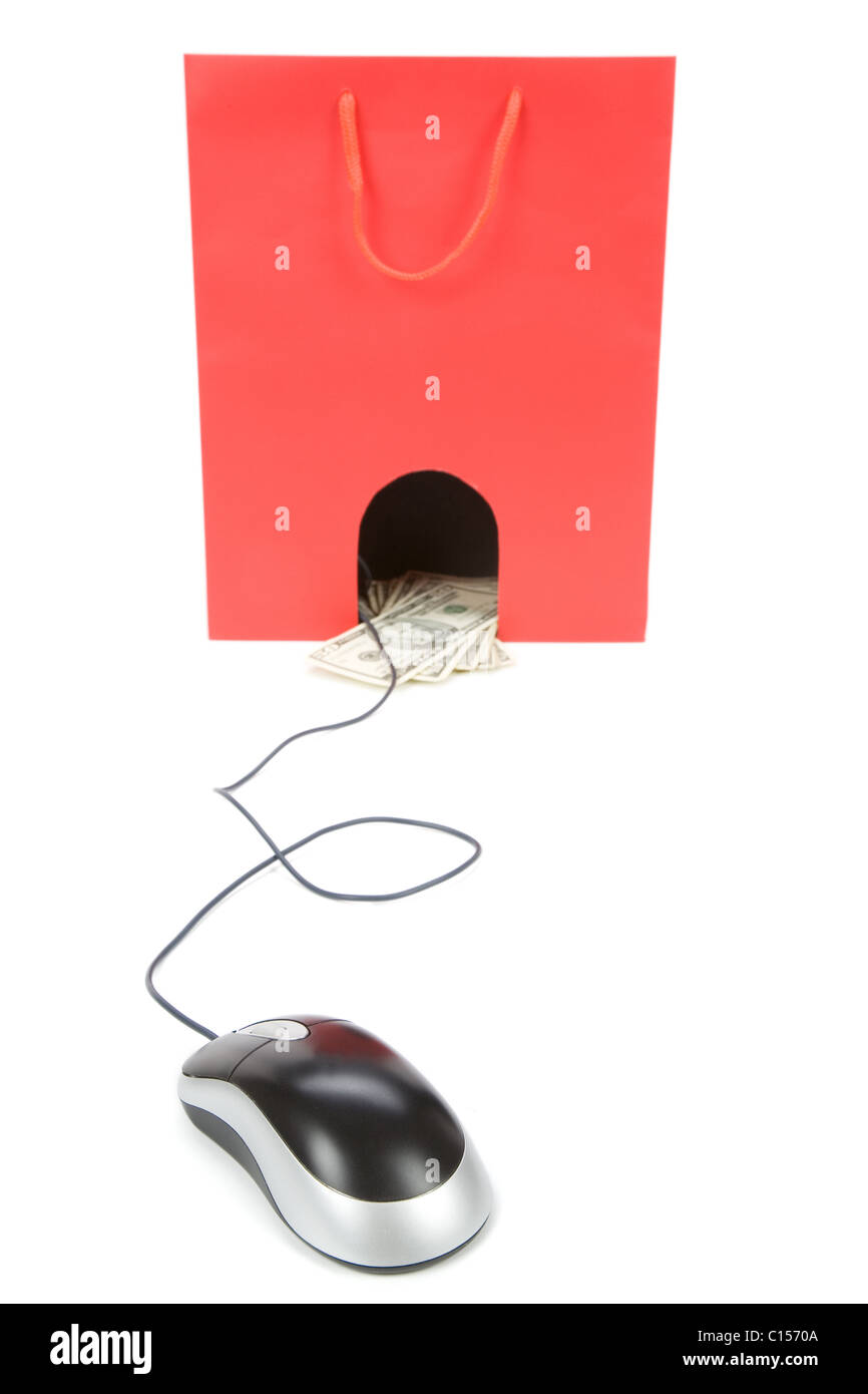 Isolierte Einkaufstasche und Computer-Maus, Konzept des e-Commerce Stockfoto