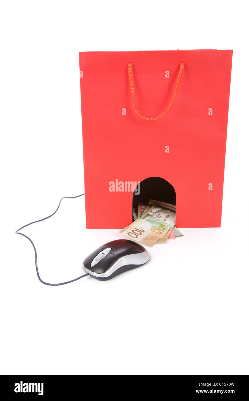 Isolierte Einkaufstasche, Computer-Maus und kanadische Dollar, Konzept des e-Commerce Stockfoto