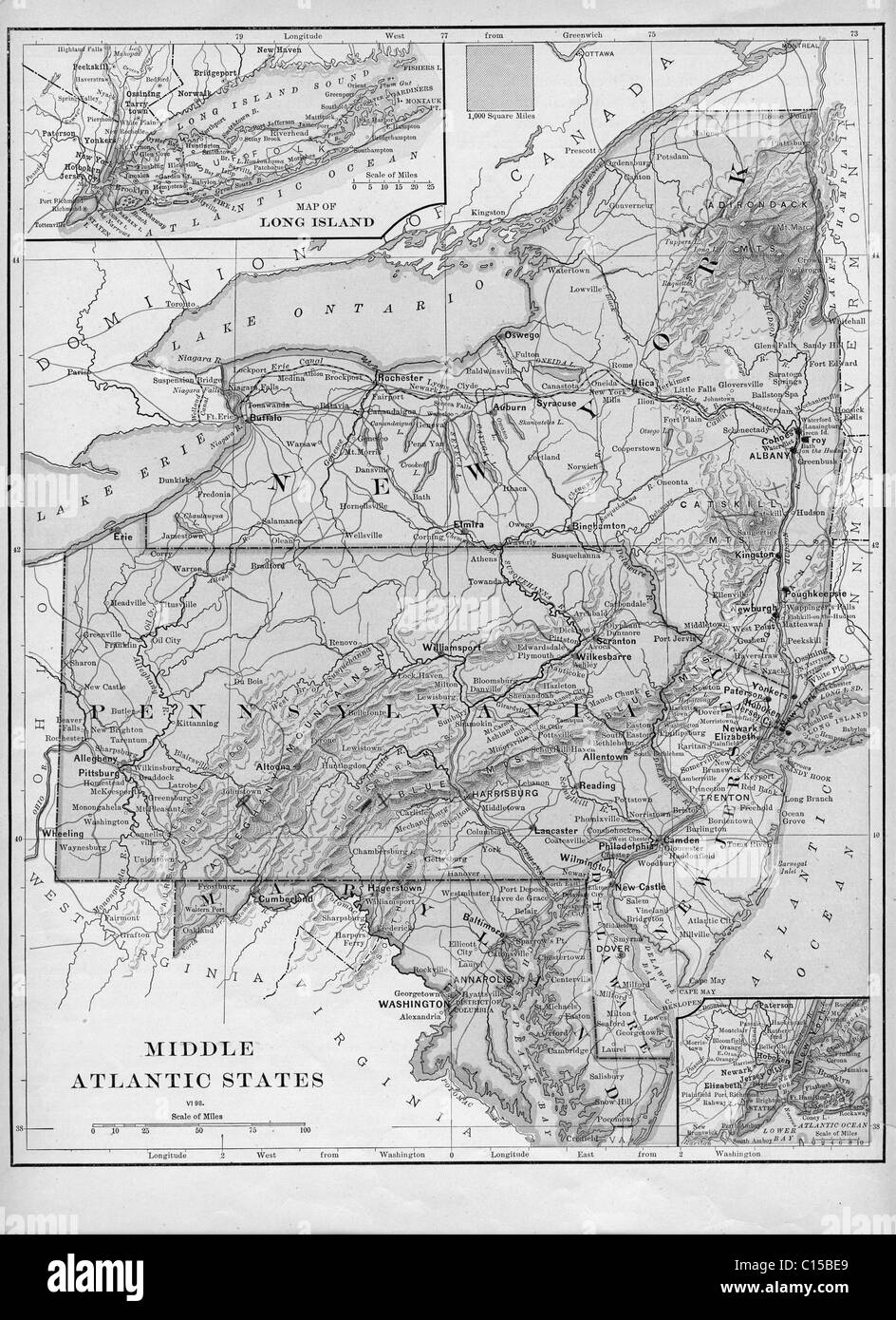 Alte Karte von Mid-Atlantic States aus original Geographie Lehrbuch, 1884 Stockfoto